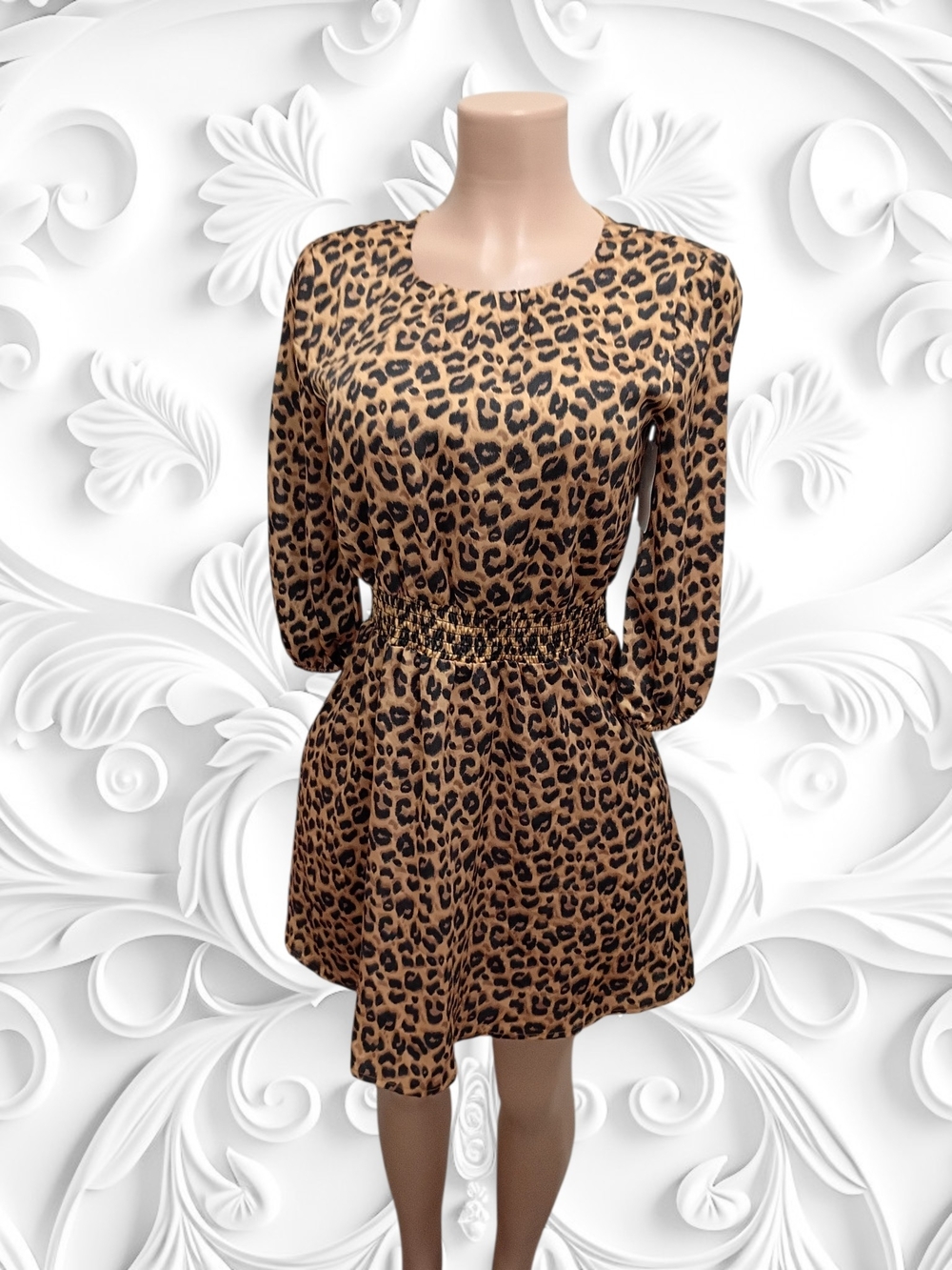 Sam Edelman Leopard Print Long Sleeve Elastic-Waist Dress - Brown & Black